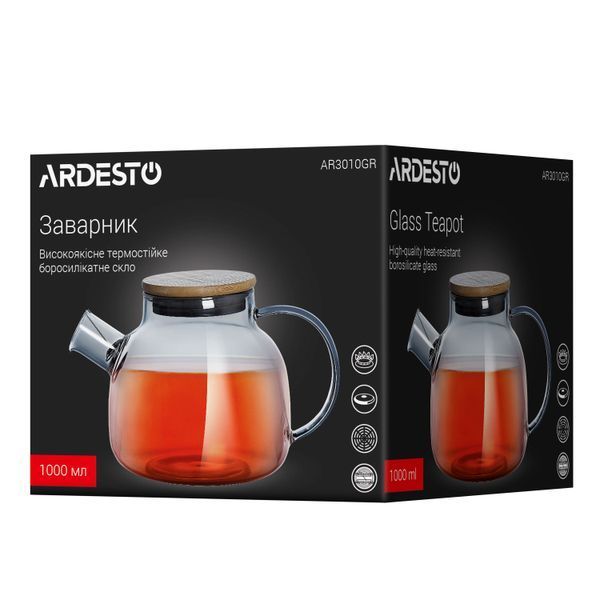 Заварник ARDESTO Iceberg, 1000мл, боросилікатне скло, бамбук, cірий AR3010GR фото