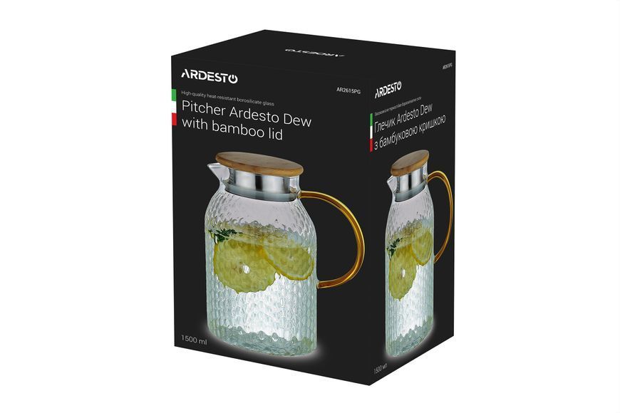 Кувшин Ardesto Dew с бамбуковой крышкой, 1500 мл, боросиликатное стекло, нержавеющая сталь AR2615PG фото