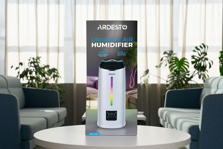 Увлажнитель воздуха ультразвуковой ARDESTO, 40м2, 6.5л, 390мл/ч, электр. управление, пульт ДУ, верх. залив воды, дисплей, белый USH-H-65W фото