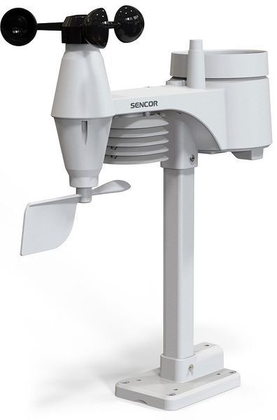 Метеостанция Sencor, внутреннее/внешнее измерение, от сети/CR2032x1+AAx3, температура, влажность, время, прогноз погоды, атмосферное давление, скорость ветра, черный SWS9300 фото