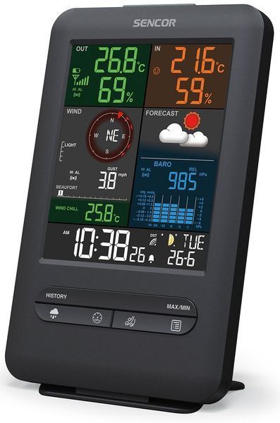 Метеостанция Sencor, внутреннее/внешнее измерение, от сети/CR2032x1+AAx3, температура, влажность, время, прогноз погоды, атмосферное давление, скорость ветра, черный SWS9300 фото