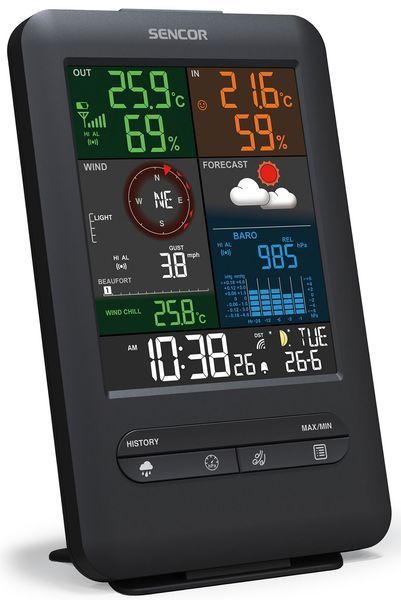 Метеостанция Sencor, внутреннее/внешнее измерение, от сети/CR2032x1+AAx3, температура, влажность, время, прогноз погоды, атмосферное давление, скорость ветра, черный SWS9300 фото