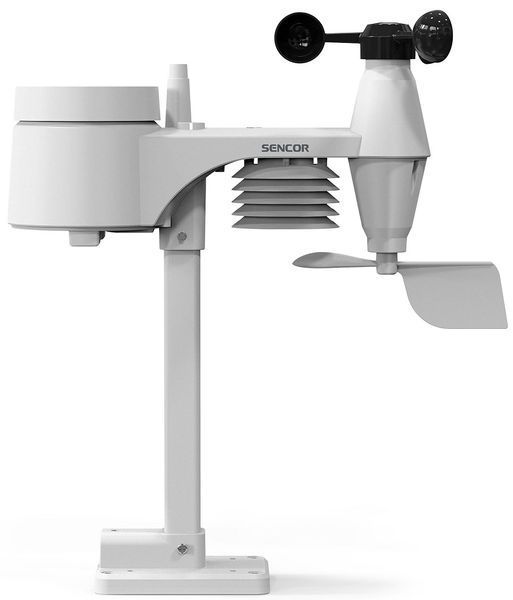 Метеостанция Sencor, внутреннее/внешнее измерение, от сети/CR2032x1+AAx3, температура, влажность, время, прогноз погоды, атмосферное давление, скорость ветра, черный SWS9300 фото