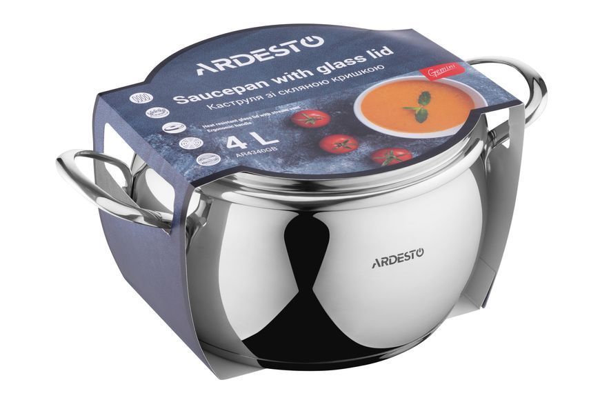 Каструля Ardesto Gemini, скляна кришка, 4.0 л, нержавіюча сталь AR4340GB фото