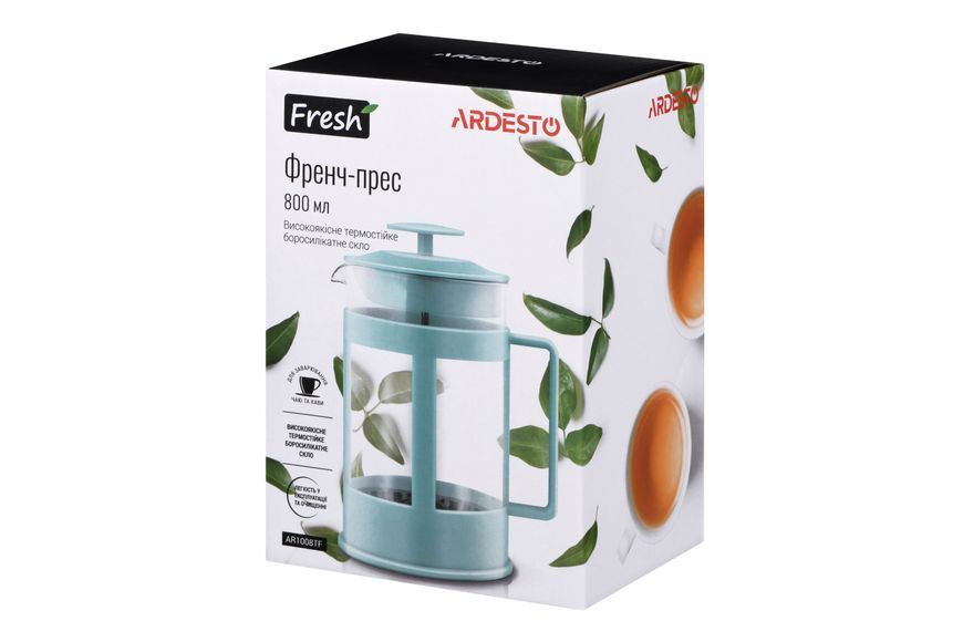 Френч-пресс Ardesto Fresh, 800мл, боросиликатное стекло, пластик, прозрачный, голубой AR1008TF фото
