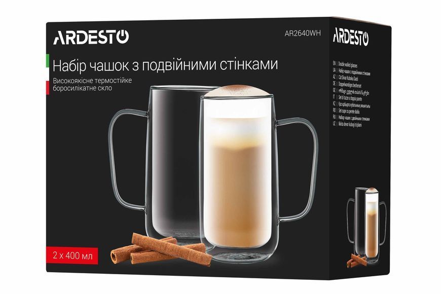 набор чашек с ручками с двойными стенками Ardesto, 400 мл, 2 ед., боросиликатное стекло AR2640BHR фото