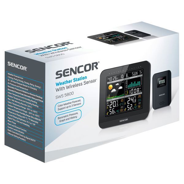Метеостанция Sencor, внутреннее/наружное измерение, от сети/AAAх3+AAx2, температура, влажность, время, прогноз погоды, атмосферное давление, черный SWS5800 фото
