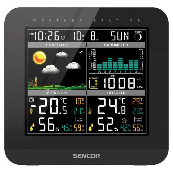Метеостанция Sencor, внутреннее/наружное измерение, от сети/AAAх3+AAx2, температура, влажность, время, прогноз погоды, атмосферное давление, черный SWS5800 фото