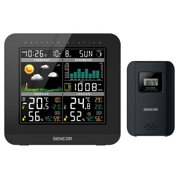 Метеостанция Sencor, внутреннее/наружное измерение, от сети/AAAх3+AAx2, температура, влажность, время, прогноз погоды, атмосферное давление, черный SWS5800 фото