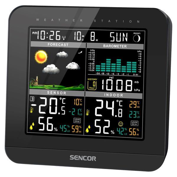 Метеостанция Sencor, внутреннее/наружное измерение, от сети/AAAх3+AAx2, температура, влажность, время, прогноз погоды, атмосферное давление, черный SWS5800 фото