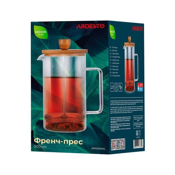 Френч-прес ARDESTO Midori, 800мл, боросилікатне скло, нержавіюча сталь, бамбук, прозорий AR1009WL фото