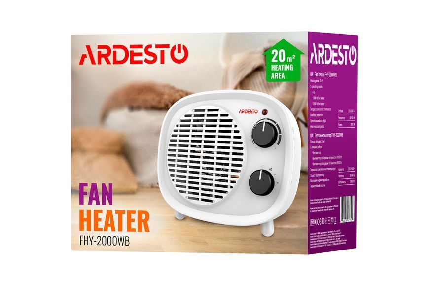 Тепловентилятор ARDESTO, 20м2, 2000Вт, механічне управління, спіральний нагрівальний елемент, білий/чорний FHY-2000WB фото