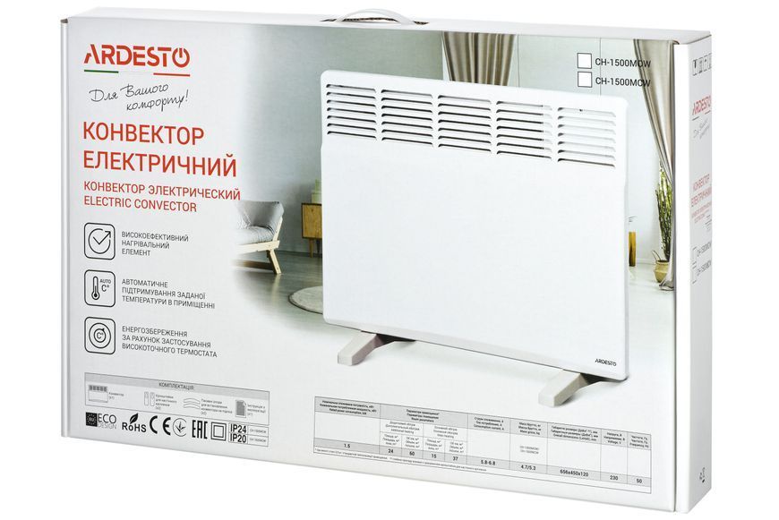 Конвектор ARDESTO, 15м2, 1500Вт, механічне управління, закритий нагрівальний елемент, IP24, білий CH-1500MCW фото