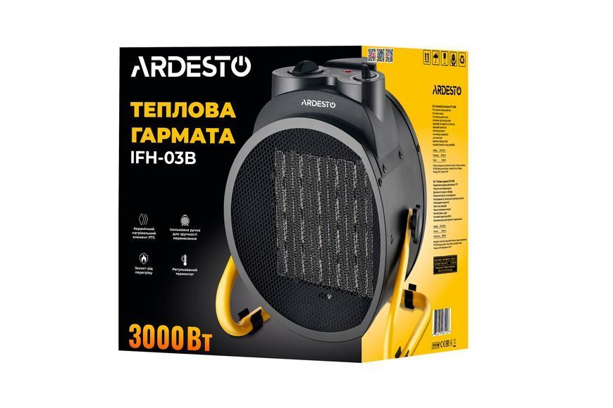 Теплова гармата ARDESTO, 30м2, 3000Вт, механічне управління, 340 м3г, керам. нагрівальний елемент, чорний IFH-03B фото