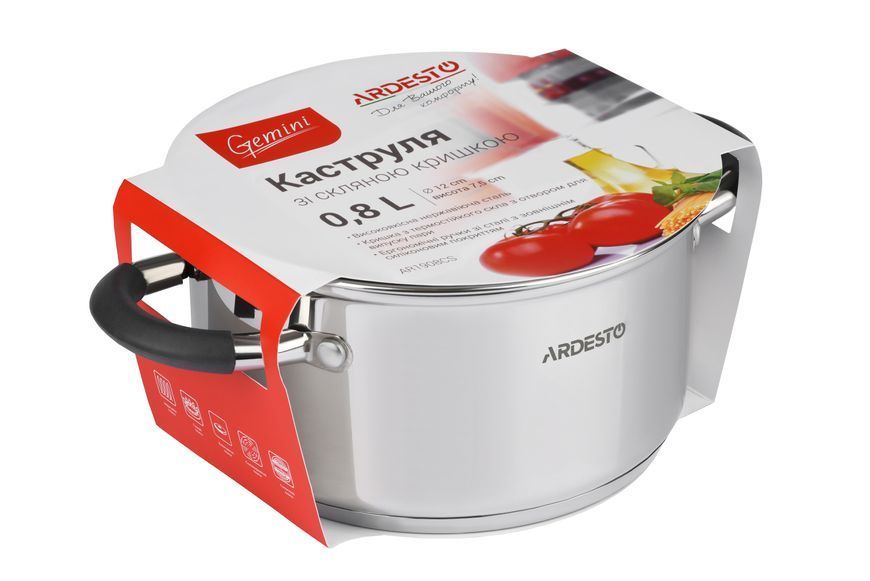 Каструля зі скляною кришкою Ardesto Gemini Salerno, 0.8л, нержавіюча сталь, силікон AR1908CS фото