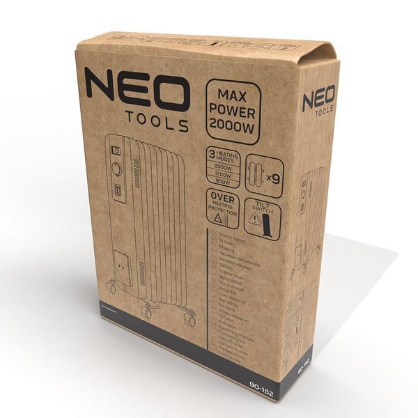Обогреватель масляный Neo Tools, 25м2, 2000Вт, механическое управление, 9 секций, белый 90-152 фото