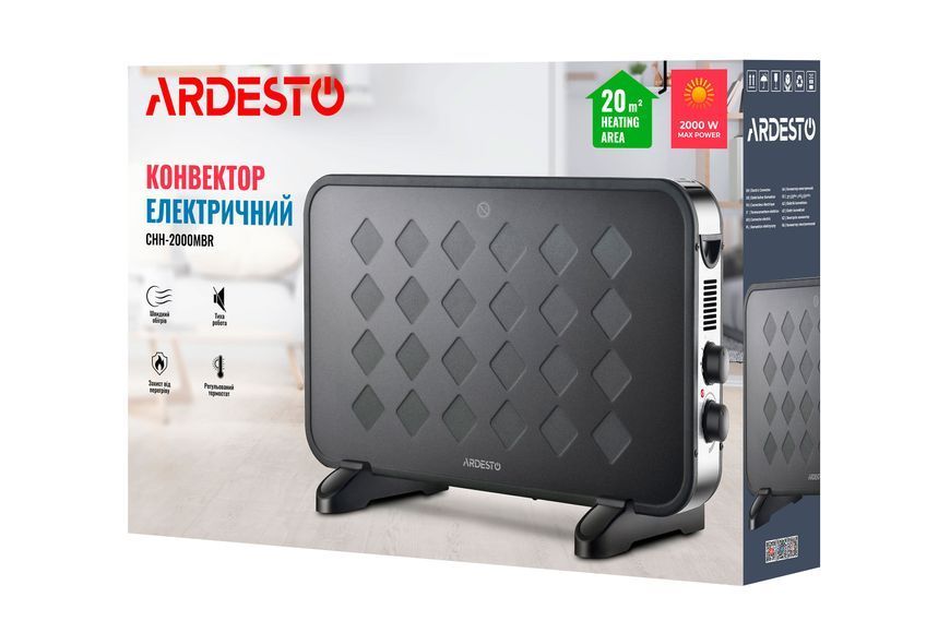 Конвектор ARDESTO, 20м2, 2000Вт, механічне управління, відкритий нагрівальний елемент, чорний CHH-2000MBR фото