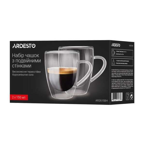Набор чашек с ручками и двойными стенками Ardesto, 150мл, 2шт, боросиликатное стекло, прозрачный AR2615BH фото