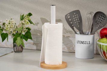 Держатель для бумажных полотенец Ardesto Midori 15х34см, металл, бамбук, белый AR0913WB фото