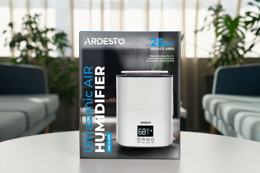 Увлажнитель ультразвуковой ARDESTO, 25м2, 3.1л, 250мл/г, электр. управление, верх. залив воды, дисплей, белый USH-H-26W фото