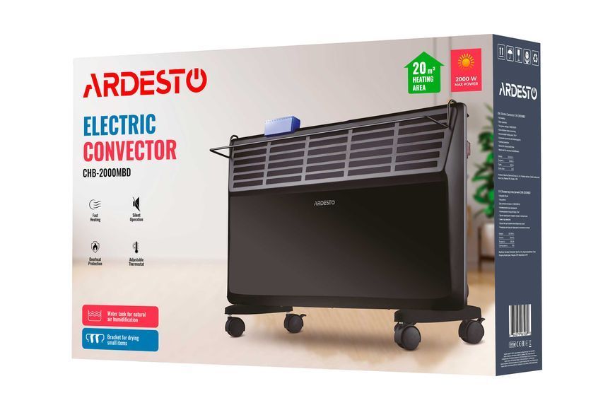 Конвектор ARDESTO, 20м2, 2000Вт, механічне управління, відкритий нагрівальний елемент, сушка, чорний CHB-2000MBD фото