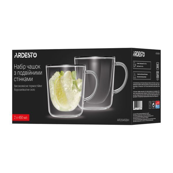 Набор чашек с ручками и двойными стенками Ardesto, 450мл, 2шт, боросиликатное стекло, прозрачный AR2645BH фото