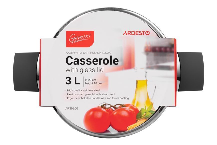 Кастрюля Ardesto Gemini, стеклянная крышка, 3 л, нержавеющая сталь AR3630G фото