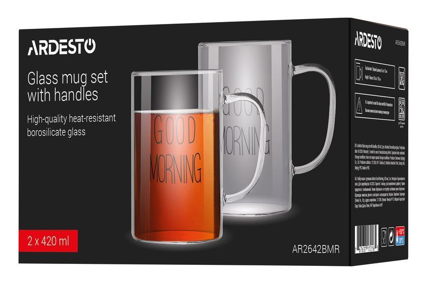 Набір чашок з ручками Ardesto Good Morning , 420 мл, 2 од., боросилікатне скло AR2642BMR фото