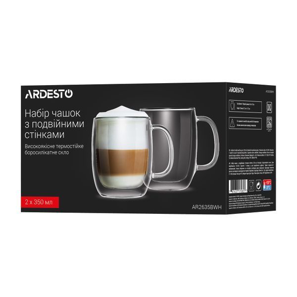Набор чашек с ручками и двойными стенками Ardesto, 350мл, 2шт, боросиликатное стекло, прозрачный AR2635BWH фото