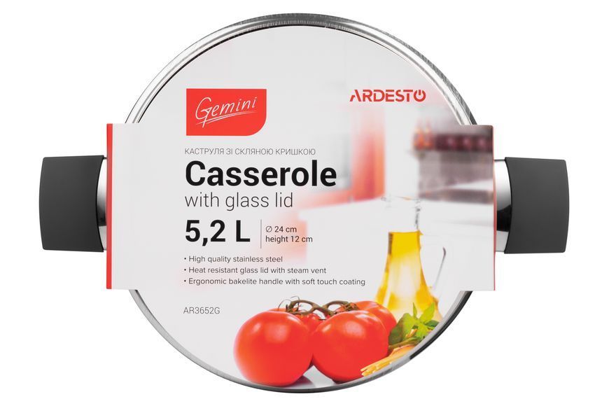 Кастрюля Ardesto Gemini, стеклянная крышка, 5.2 л, нержавеющая сталь AR3652G фото