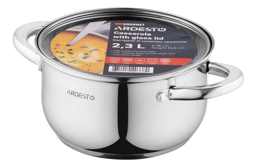 Кастрюля Ardesto Gemini Gourmet, стеклянная крышка, 2.3 л, нержавеющая сталь AR1923GSS фото