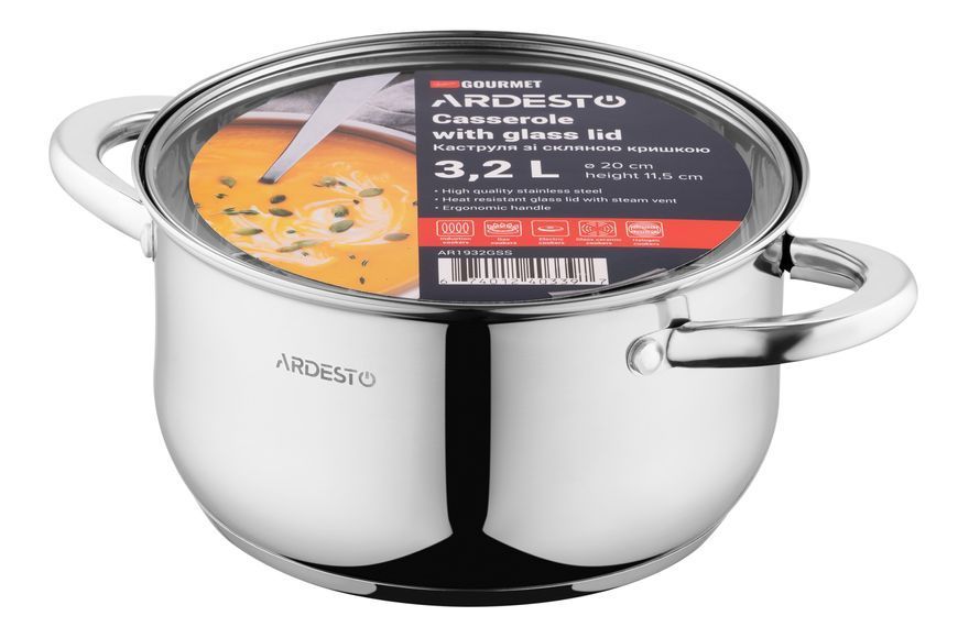 Кастрюля Ardesto Gemini Gourmet, стеклянная крышка, 3.2 л, нержавеющая сталь AR1932GSS фото