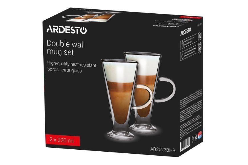 Набор чашек с ручками с двойными стенками Ardesto, 230 мл, H 15,8 см, 2 шт., боросиликатное стекло AR2623BHR фото