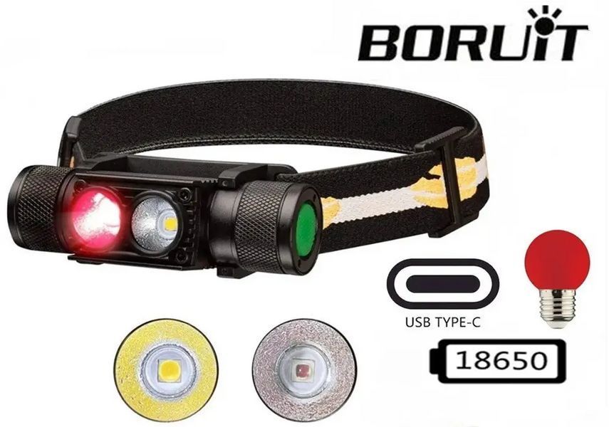 Налобний ліхтар Boruit H02B-Red (біле + червоне світло) з акумулятором 3400 мА&middot;год 712519 фото