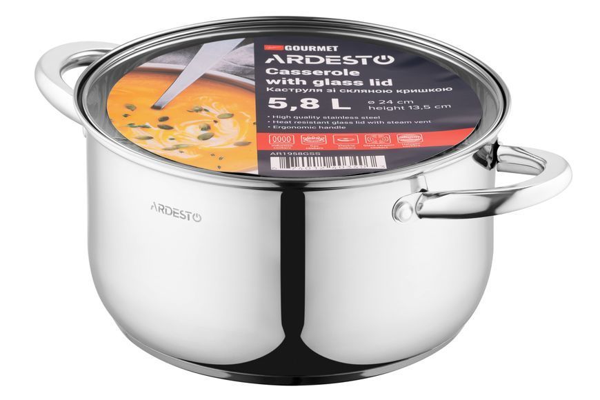 Кастрюля Ardesto Gemini Gourmet, стеклянная крышка, 5.8 л, нержавеющая сталь AR1958GSS фото