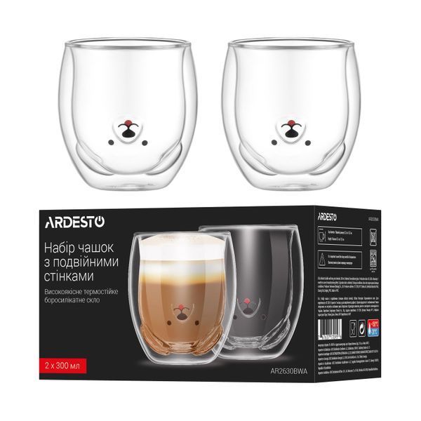 Набор чашек с двойными стенками Ardesto Animals, 300мл, 2шт, боросиликатное стекло, прозрачный AR2630BWA фото