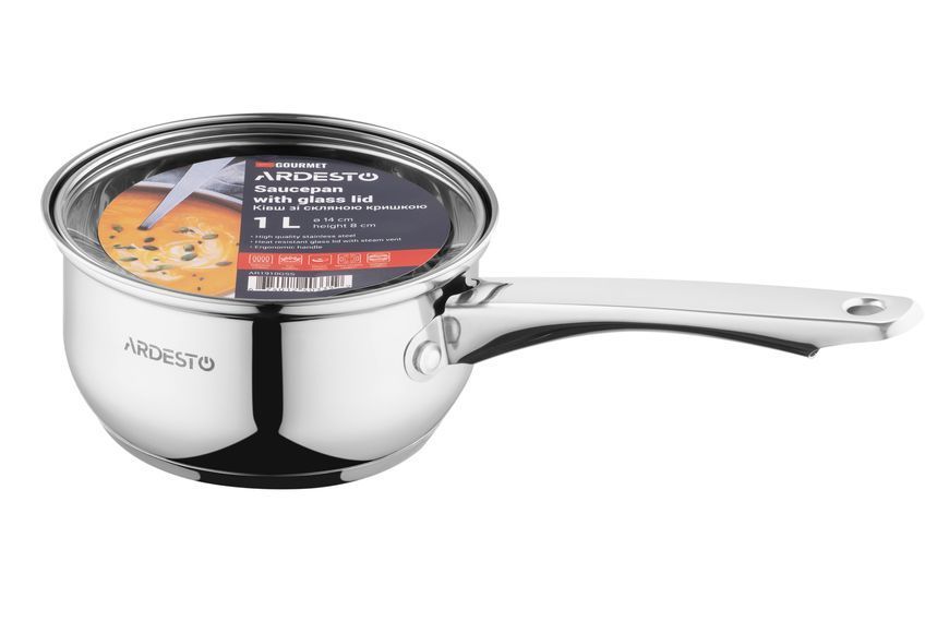 Ковш Ardesto Gemini Gourmet, стеклянная крышка, 1 л, нержавеющая сталь AR1910GSS фото