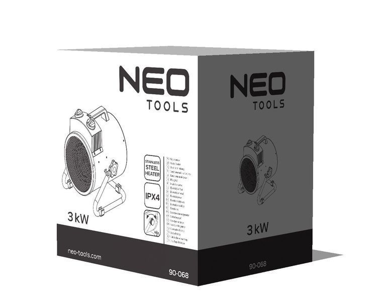 Теплова гармата електрична Neo Tools, 3кВт, 80м кв, 354м куб/год, нагрівальний елемент - нержавіюча сталь, IPX4, чорний 90-068 фото