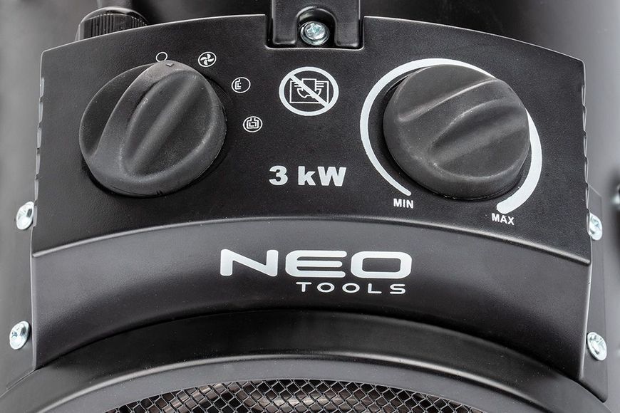 Теплова гармата електрична Neo Tools, 3кВт, 80м кв, 354м куб/год, нагрівальний елемент - нержавіюча сталь, IPX4, чорний 90-068 фото