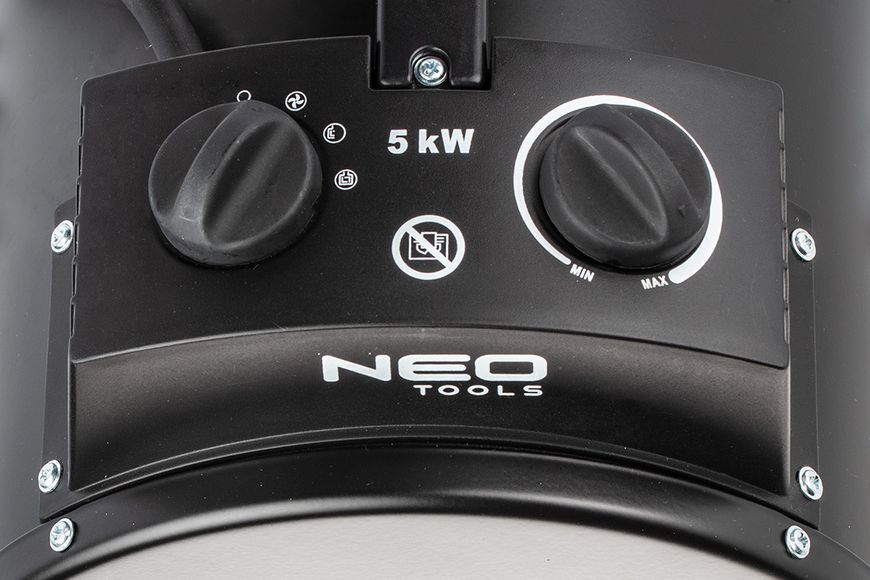 Тепловая пушка электрическая Neo Tools, 5кВт, 100м кв, 366м куб/час, 380В, нагревательный элемент - нержавеющая сталь, IPX4, черный 90-069 фото