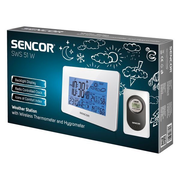 Метеостанция Sencor, внутреннее/внешнее измерение, AAx3+AAAx2, температура, влажность, время, прогноз погоды, белый SWS51W фото