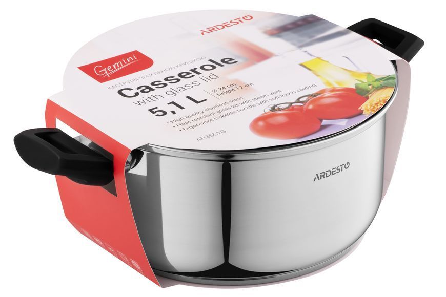 Каструля Ardesto Gemini, скляна кришка, 5.1 л, нержавіюча сталь AR3551G фото