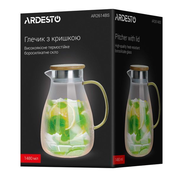Кувшин с крышкой Ardesto, 1480мл, боросиликатное стекло, нержавеющая сталь, бамбук, прозрачный AR2614BS фото