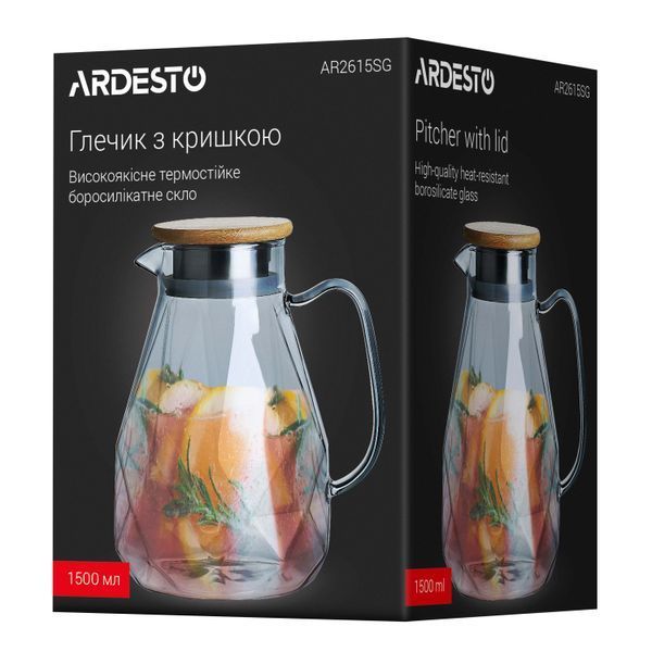 Кувшин с крышкой Ardesto Graphite, 1500мл, боросиликатное стекло, бамбук, нержавеющая сталь, серый AR2615SG фото