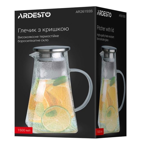 Кувшин с крышкой Ardesto, 1500мл, боросиликатное стекло, нержавеющая сталь, прозрачный AR2615SS фото