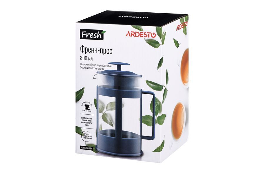 Френч-прес Ardesto Fresh, 800мл, боросилікатне скло, пластик, прозорий, синій AR1008BEF фото