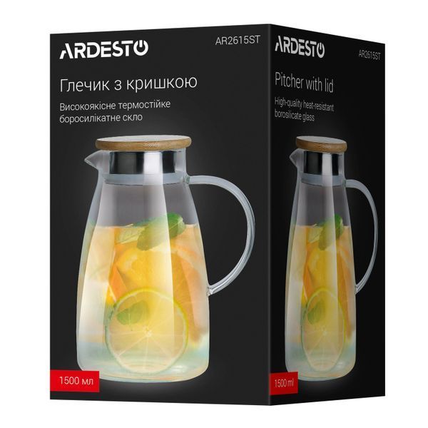Кувшин с крышкой Ardesto, 1500мл, боросиликатное стекло, бамбук, нержавеющая сталь, прозрачный AR2615ST фото