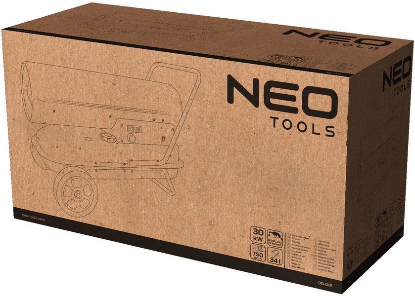 Тепловая пушка дизель/керосин, прямого нагрева Neo Tools, 30кВт, 420м кв, 750м куб/ч, колеса, IPX4, черный 90-081 фото