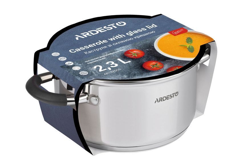 Каструля Ardesto Gemini Ardesto Salerno, скляна кришка, 2.3 л, сірі ручки з силіконом, нержавіюча сталь AR1925CS фото